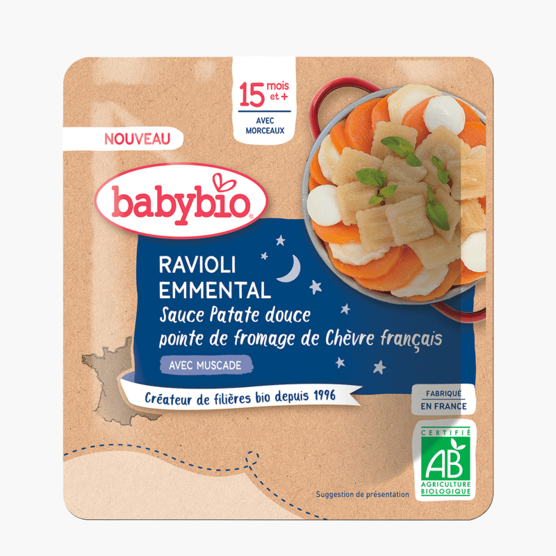 Dès 15 mois - Babybio Assiette Bio Ravioli Emmental sauce patate douce et chèvre (200g)