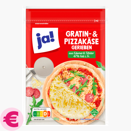 Ja! Geriebener Gratin- und Pizzakäse 250g