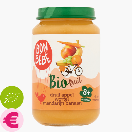 Bon Bebe 8M Druif Appel Wortel Mandarijn Banaan 200g Bio Bon Bebe 8M Druif Appel Wortel Mandarijn Banaan 200g Bio