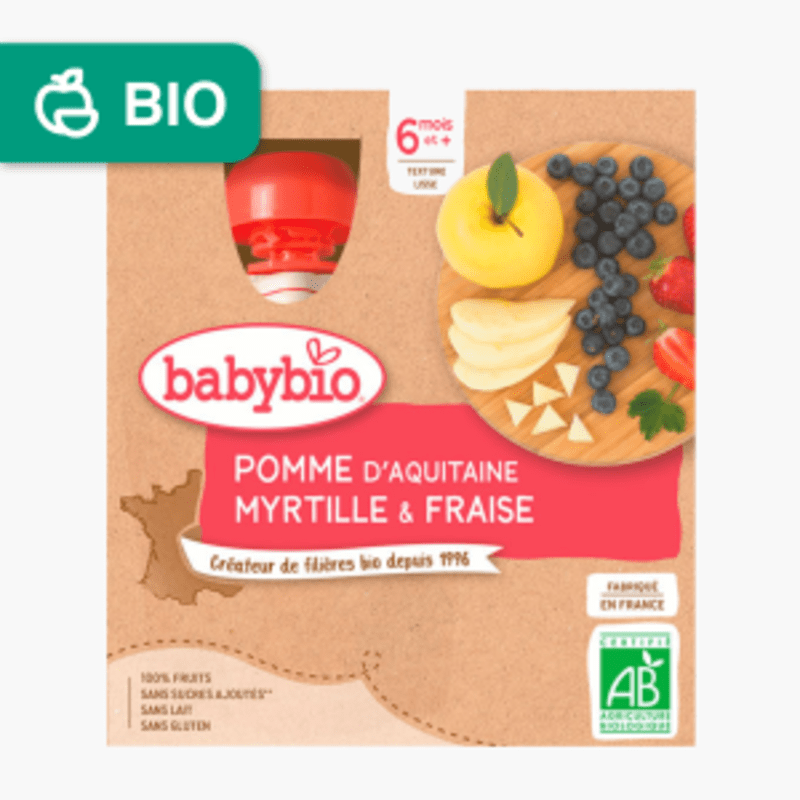 Dès 6 mois - Babybio Compote Pomme Myrtille Fraise en gourde (4x90g)