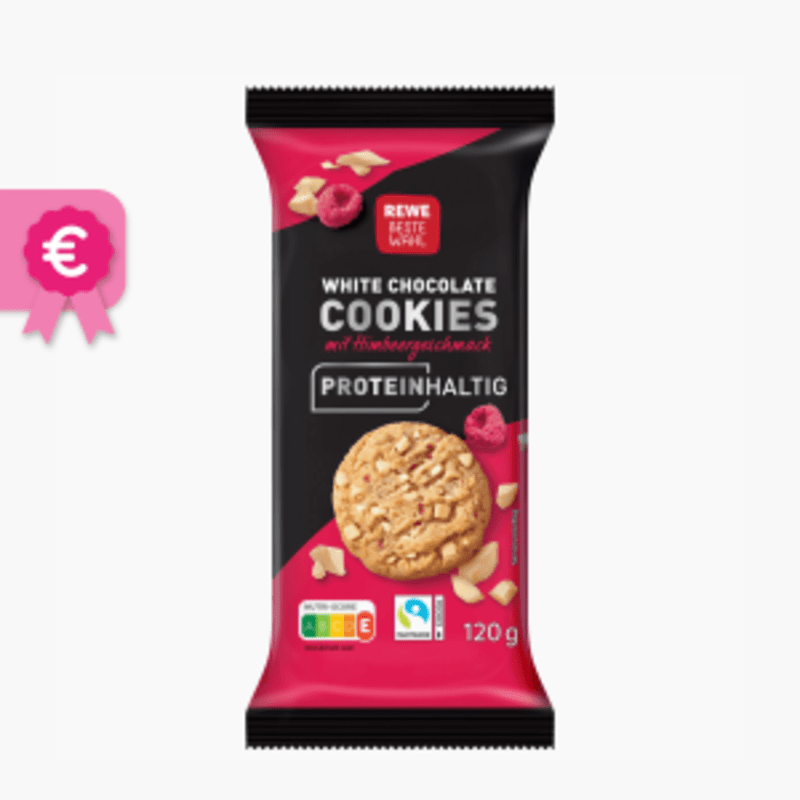 Rewe Beste Wahl White Chocolate Cookies mit Himbeergeschmack Proteinhaltig 120g