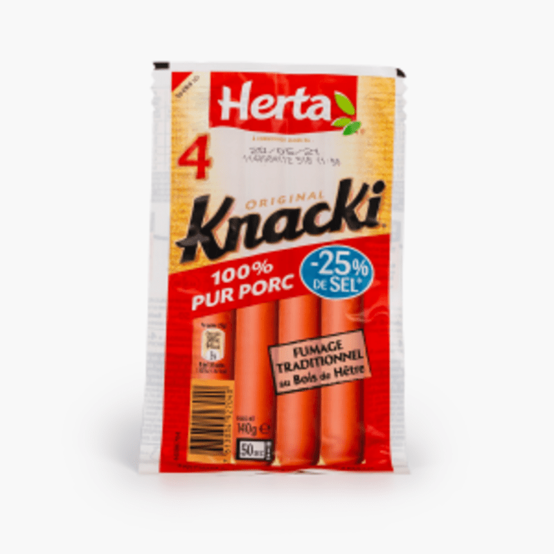 Herta - Saucisses Knacki taux de sel réduit 100% pur porc x4 (140g)