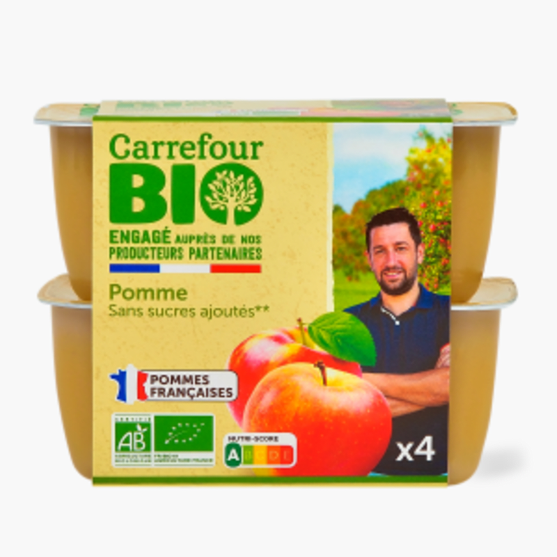 Compotes pots, Pommes sans sucres ajoutés x4 - Carrefour Bio (400g)