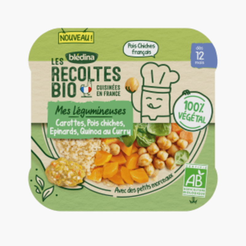 Blédina - Les récoltes Bio - Petit plat carottes. pois chiches. épinards. quinoa au curry (230g)