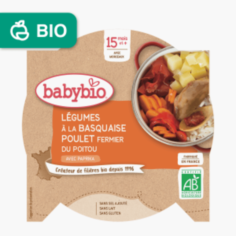 Dès 15 mois - Babybio Assiette Légumes Poulet Basquaise (260g)