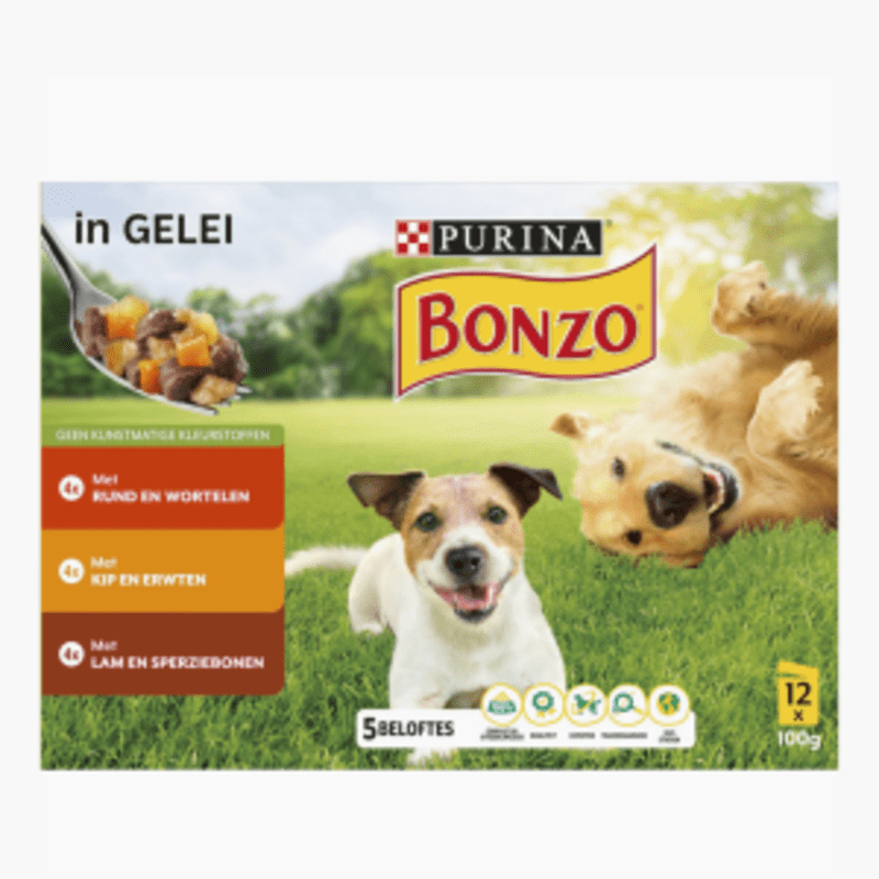 Purina Bonzo Pouch Gelei Rund/Kip/Lam 1.2kg