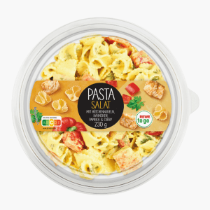 Rewe To Go Pastasalat mit Hütchennudeln, Hähnchen, Paprika & Curry 230g Rewe To Go Pastasalat mit Hütchennudeln, Hähnchen, Paprika & Curry 230g