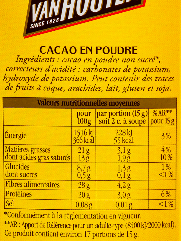 Van Houten - Cacao en poudre non sucré Bio (125g) commandez en