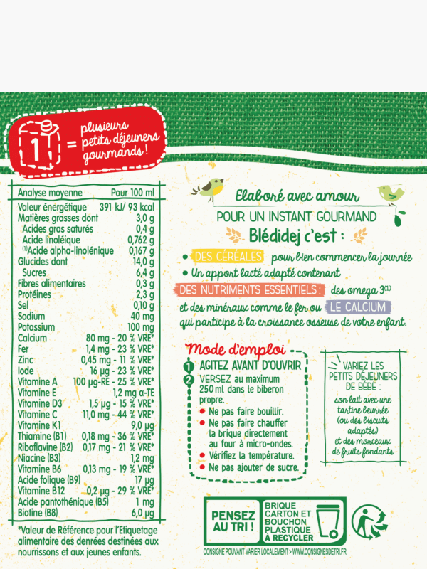 Briques de Lait & céréales Blédina saveur chocolat dès 12 mois (4x25cl)  commandez en ligne avec Flink !