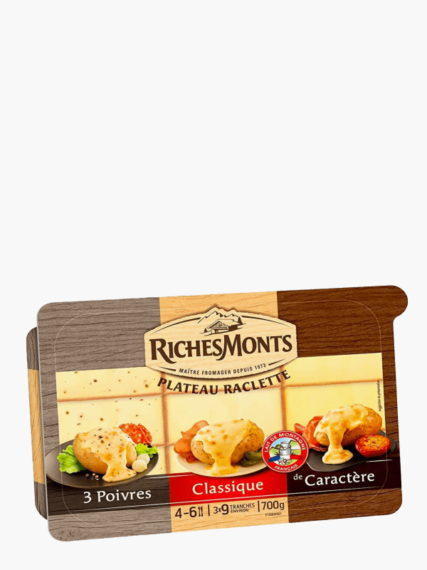 Riches Monts Fromage à raclette sans croûte 3 poivres et classique 