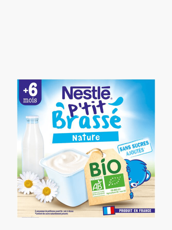 Dès 6 mois - Nestlé Dessert P'tit Brassé Nature Bio (4x90g) commandez en  ligne avec Flink !