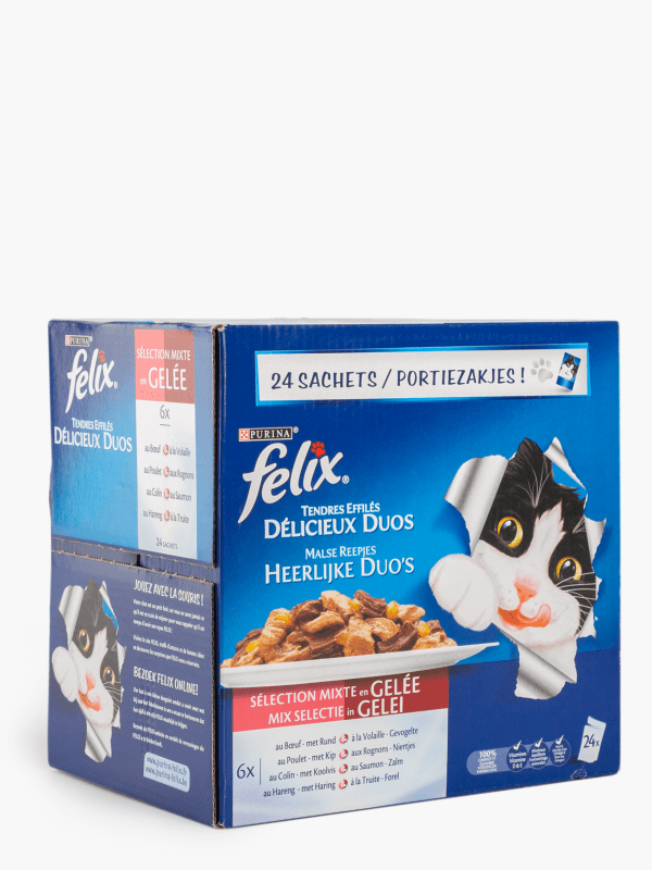 Purina Félix - Pâtée pour chat délicieux duos en gelée mixte  viandes/poissons (24x100g) commandez en ligne avec Flink !