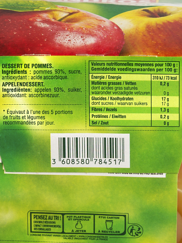 Calories et les Faits Nutritives pour Andros Compote Pomme Nature sans  Sucre Ajouté