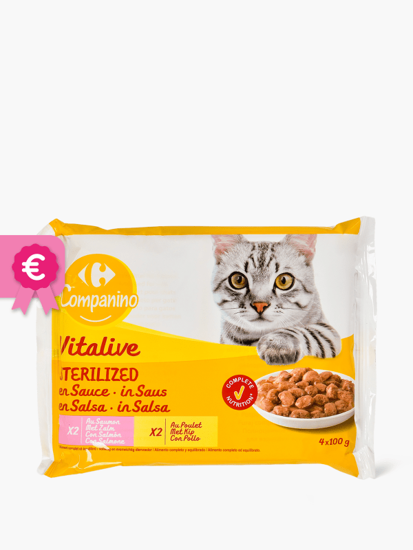 Pâtée pour chat Adulte en sauce au bœuf, au poulet, à la dinde & canard  CARREFOUR