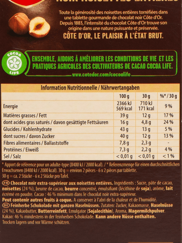 COTE D'OR Tablette de chocolat au lait noisettes entières 4 pièces