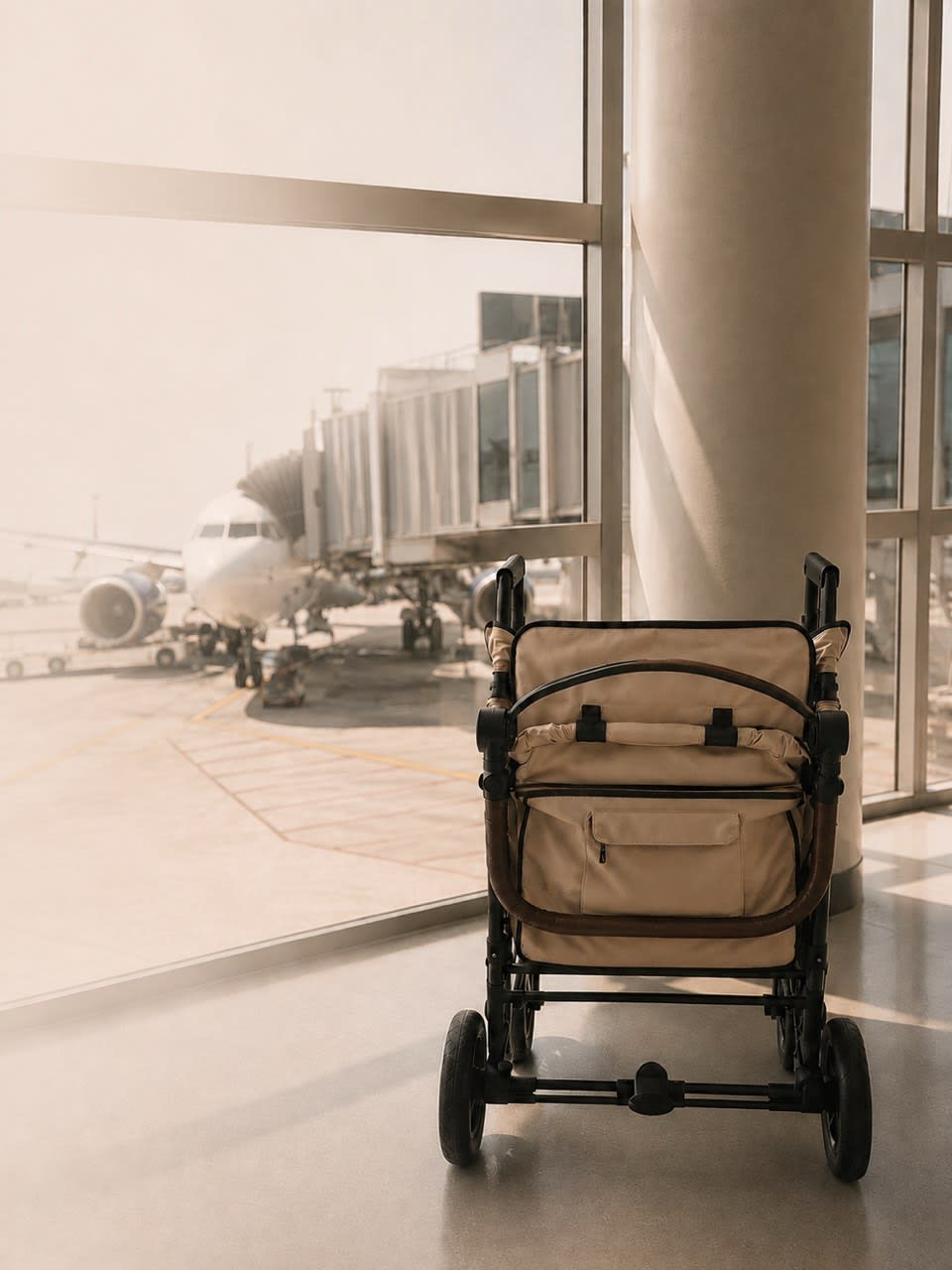 STROLLZ. stroller wagon at an airport departure gate, demonstrating convenient family travel and gate-check compatibility.