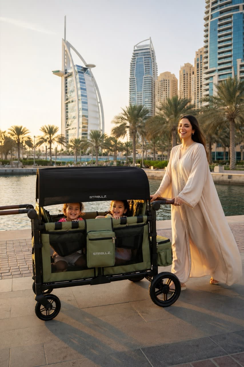 Mother with two children using a STROLLZ. stroller wagon in Dubai.