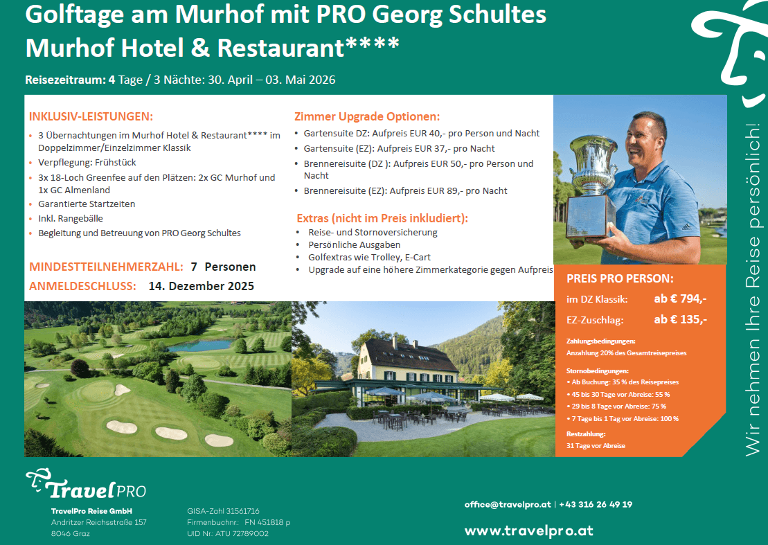Golf Trainingsreise mit unserem Pro Georg Schultes vom 30.04. bis 03.05.2026 