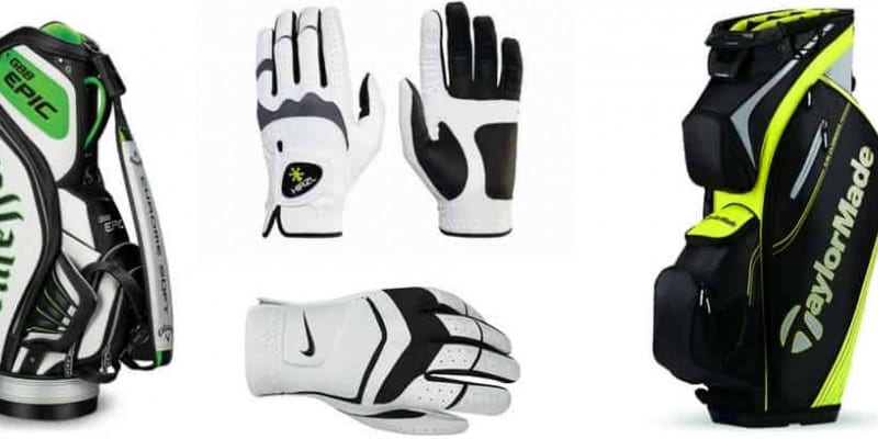Golfbags und Handschuhe im Ang...
