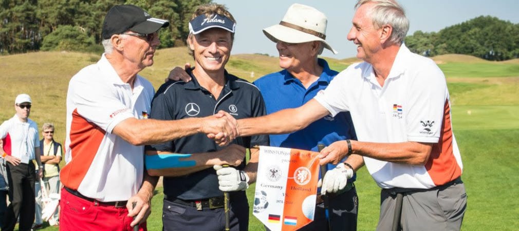 Franz Beckenbauer, Bernhard Langer und Johan Cruyff golfen gemeinsam in einer Neuauflage des Fußball-WM-Finals von 1974.