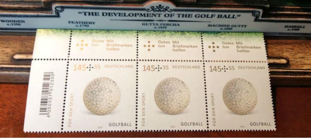 Eine Sonderbriefmarke mit einem Golfball wurde anlässlich der Wiederaufnahme des Golfsports in den Kanon der olympischen Sportarten herausgegeben. (Foto: Michael Basche)