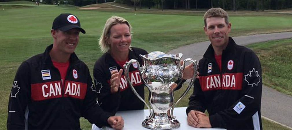 Graham DeLaet, Alena Sharp, David Hearn (v.l.) und Brooke Henderson haben bei den Olympischen Spielen die Chance auf die Titelverteidigung im olympischen Golf. (Foto: twitter.com/PGATOUR)