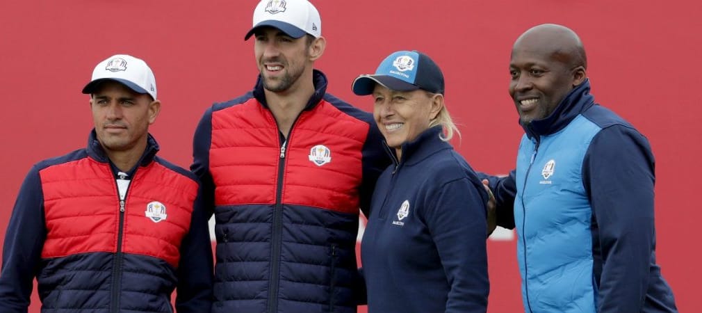 Kelly Slater, Michael Phelps vom Team USA mit Martina Navratilova und John Regis vom Team Europa (v.l.). (Foto: Getty)
