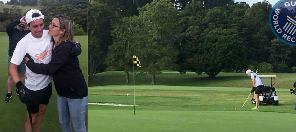 Der Neuseeländer Brad Luiten hat den Speedgolf Weltrekord der meisten gespielten Löcher in 12 Stunden gebrochen und ist sichtlich mitgenommen (links). (Foto: twitter.com/MediasetTgcom24)