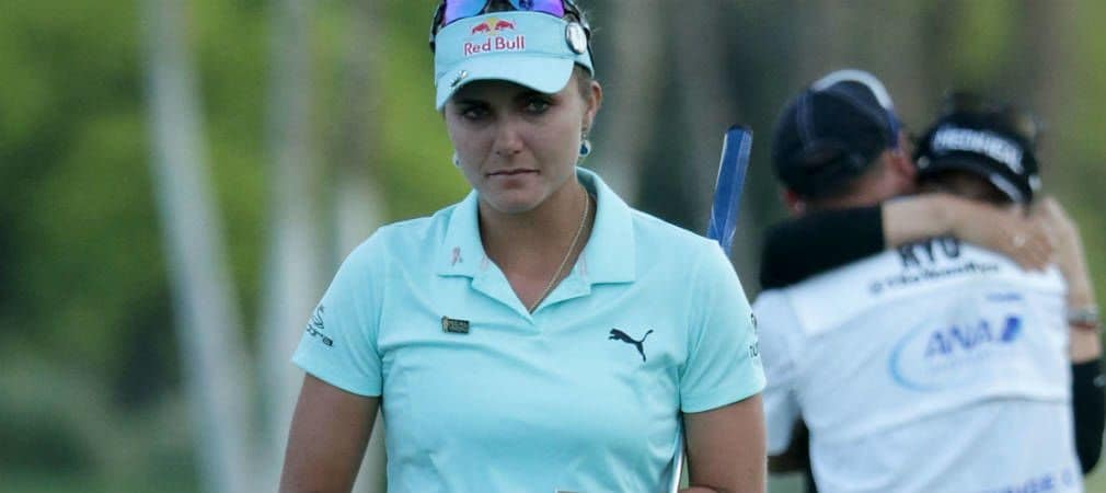 Der Moment der Enttäuschung. Lexi Thompson (USA) verliert nach vier nachträglich auferlegten Strafschlägen das Stechen bei der ANA Inspiration.
