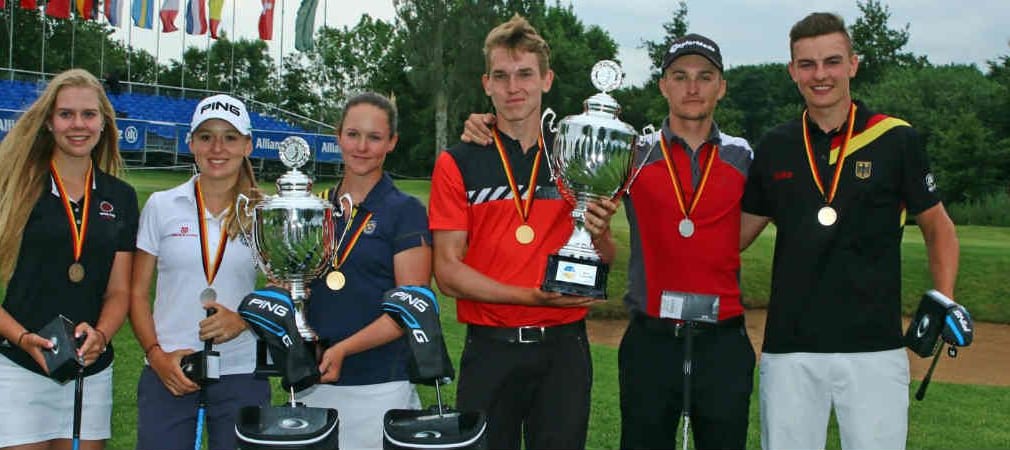 Die Medaillengewinner der Allianz German Boys and Girls Open: Annabell Fuller, Emma Spitz, Linn Grant, Falko Hanisch, Jiri Zuska und Jannik de Bruyn (v.l.) (Foto: DGV/stebl)