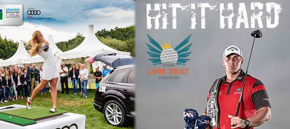 Die German Long Drive Championship und Joe Miller zu Gast beim Final Four. (Foto links: DGV/Tiess; Foto rechts: Howard Boylan)