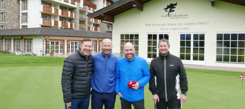 Kitzbühel Englands Fußball-Hero Alan Shearer mit Eichenheim Golf-Manager Dominik Kremper (Mitte) und den Event-Organisatoren Martin Terrell (l.) und Jamie O’Doherty.