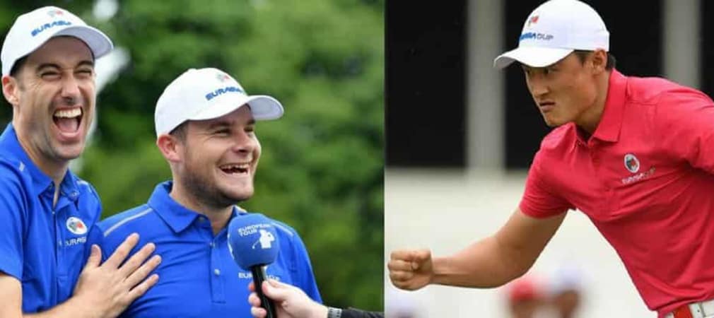 Lachende Gesichter beim EurAsia Cup. Dabei liegen die Europäer zum Auftakt gegen Asien hinten. (Foto: twitter.com/EuropeanTour)