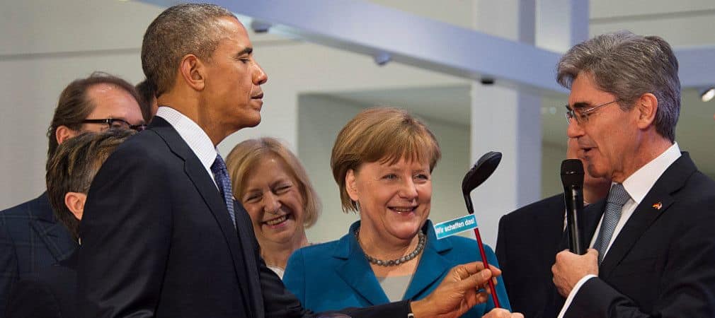 Obama, Merkel und Siemens CEO Kaeser in Hannover 2016.