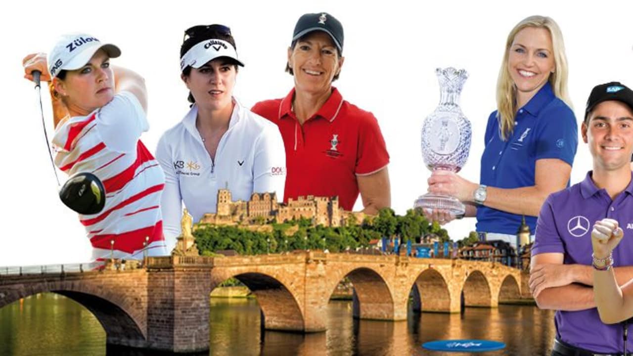 Die Teilnehmer des Charity Show Matchs sind: die Team-Kapitäninnen des Solheim Cup 2015, Carin Koch und Juli Inkster, die Top-Spielerinnen Sandra Gal, Caroline Masson und Paula Creamer, der U.S. Open Sieger und Deutschlands Nummer eins, Martin Kaymer, sowie der dreimalige Sieger auf der Challenge-Tour, Moritz Lampert. (Foto: St. Leon-Rot)