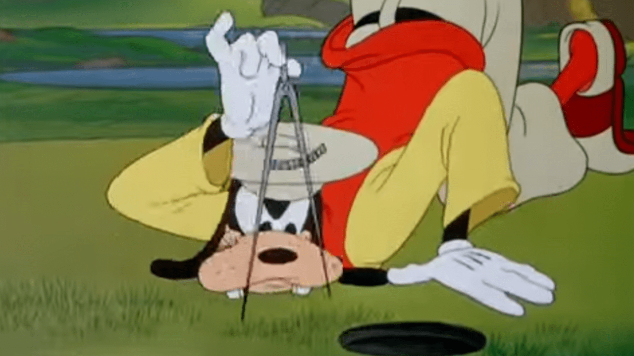 Mit Winkelmesser und höherer Mathematik ließt Goofy das Grün - wäre es nicht Goofy, wäre der Ball bestimmt gefallen. (Foto: Youtube)