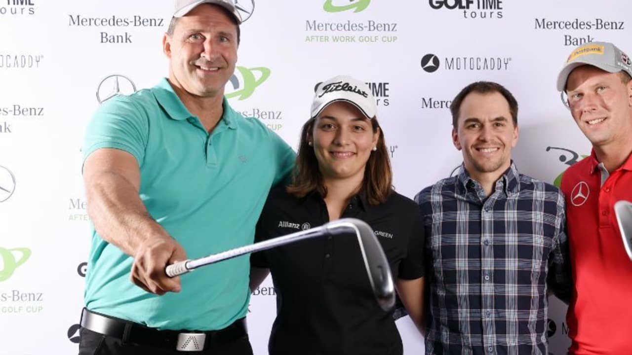Lars Riedel, Karolin Lampert, Michael Greis und Marcel Siem (v.l.) waren beim Kickoff des After Work Golf Cup in München dabei.