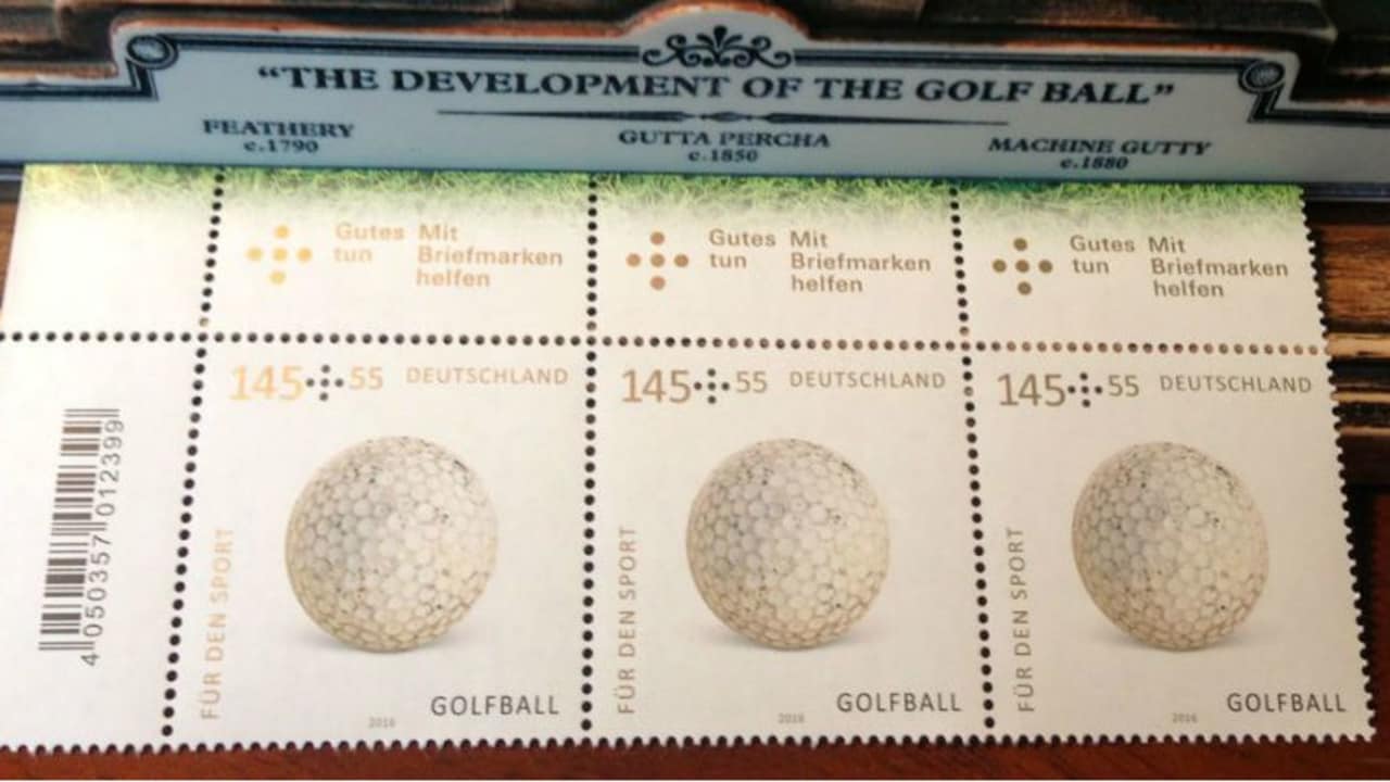 Eine Sonderbriefmarke mit einem Golfball wurde anlässlich der Wiederaufnahme des Golfsports in den Kanon der olympischen Sportarten herausgegeben. (Foto: Michael Basche)