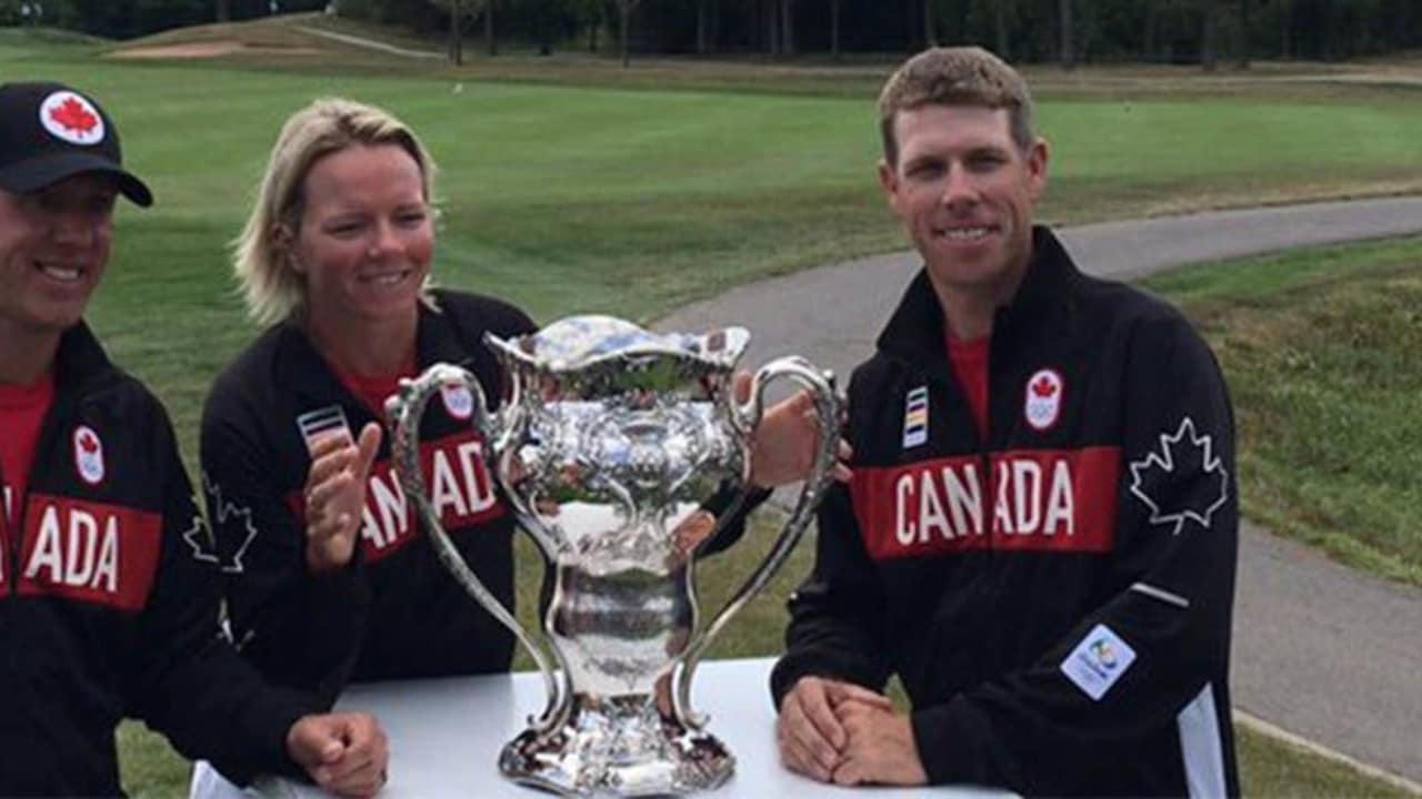 Graham DeLaet, Alena Sharp, David Hearn (v.l.) und Brooke Henderson haben bei den Olympischen Spielen die Chance auf die Titelverteidigung im olympischen Golf. (Foto: twitter.com/PGATOUR)