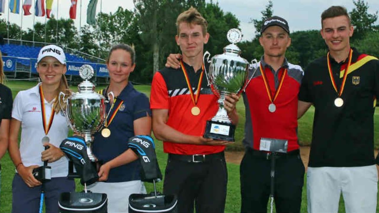 Die Medaillengewinner der Allianz German Boys and Girls Open: Annabell Fuller, Emma Spitz, Linn Grant, Falko Hanisch, Jiri Zuska und Jannik de Bruyn (v.l.) (Foto: DGV/stebl)