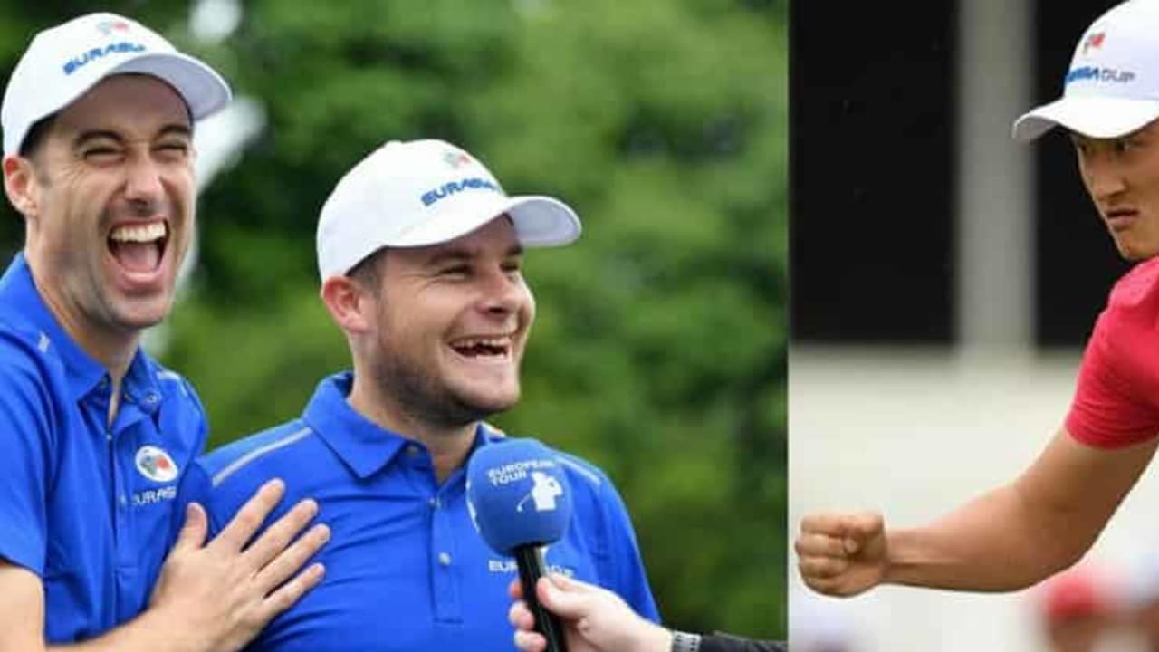 Lachende Gesichter beim EurAsia Cup. Dabei liegen die Europäer zum Auftakt gegen Asien hinten. (Foto: twitter.com/EuropeanTour)