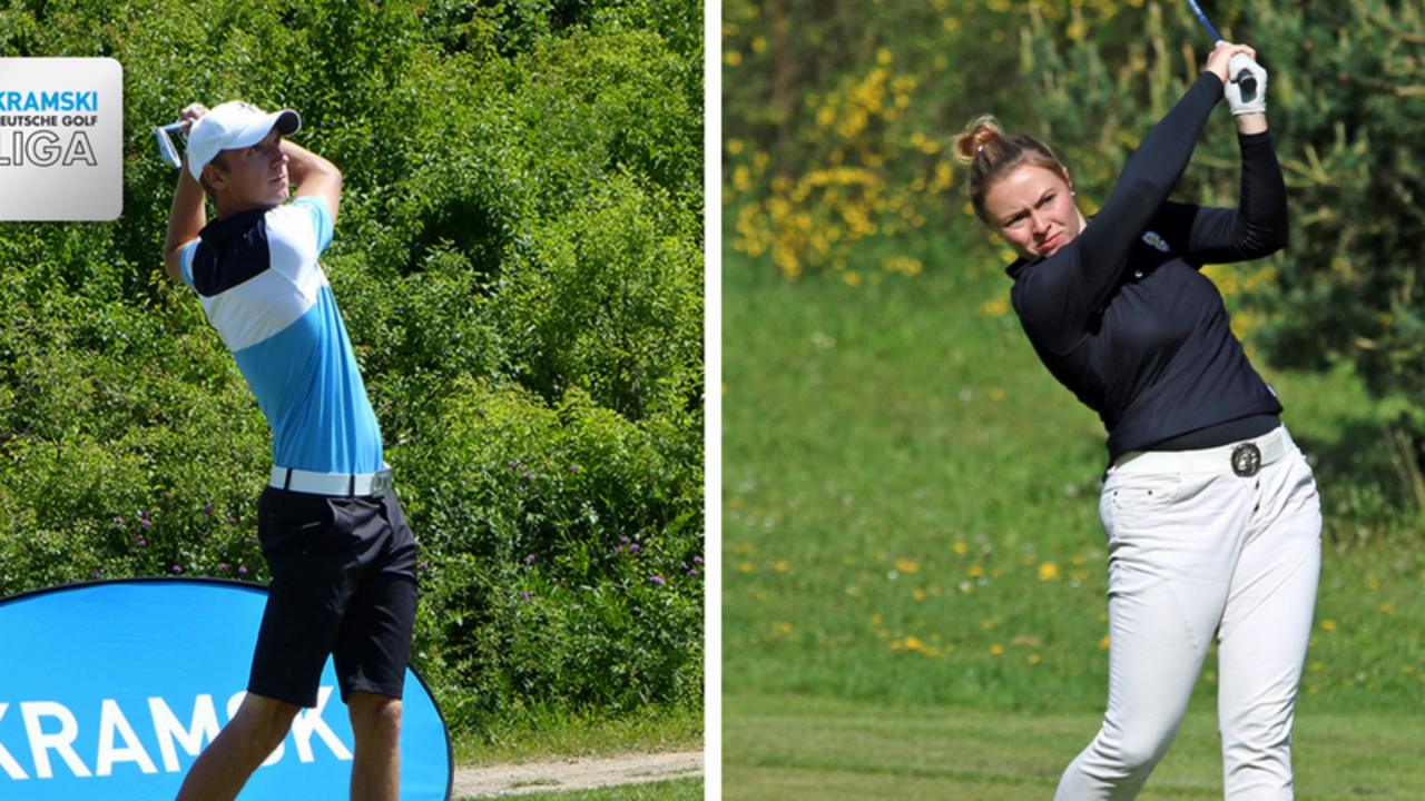 Im Frankfurter GC findet mit dem zweiten Spieltag der Kramski Deutschen Golf Liga ein Doppelspieltag statt. Hier zu sehen sind Maximilian Oelfke vom GC Mannheim Viernheim (li.) und Marie Coors vom Frankfurter GC (re.). (Foto: DGV)