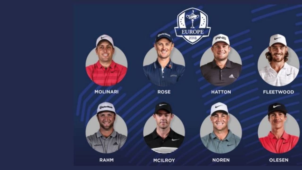 Diese acht Spieler stehen für das Ryder Cup Team aus Europa nach der Made in Denmark fest! (oben v. li. nach re.: Francesco Molinari, Justin Rose, Tyrell Hatton und Tommy Fleetwood. Unten v. li. nach re.: Jon Rahm, Rory McIlroy, Alex Noren und Thorbjørn Olesen)