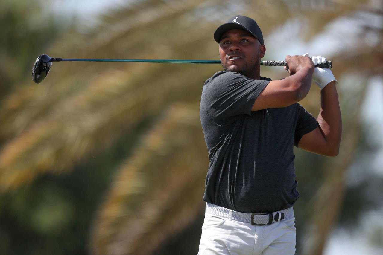 AL MUROOJ, SAUDI ARABIA - FEBRUARY 05: Harold Varner III of The USA tees off the second hole during day three of the PIF Saudi International at Royal Greens Golf & Country Club on February 05, 2022 in Al Murooj, Saudi Arabia. (Photo by Oisin Keniry/Getty Images)