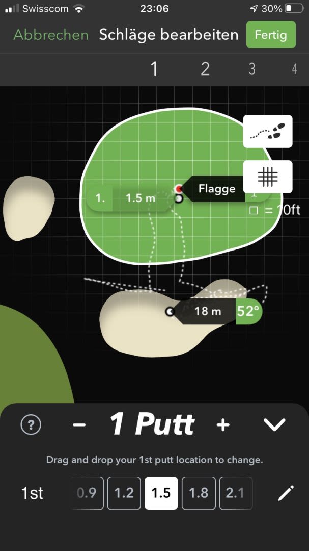 Arccos Screen - Erscheint wenn man in der App auf das Green tippt. Raster und Footsteps können ein- bzw. ausgeblendet werden.