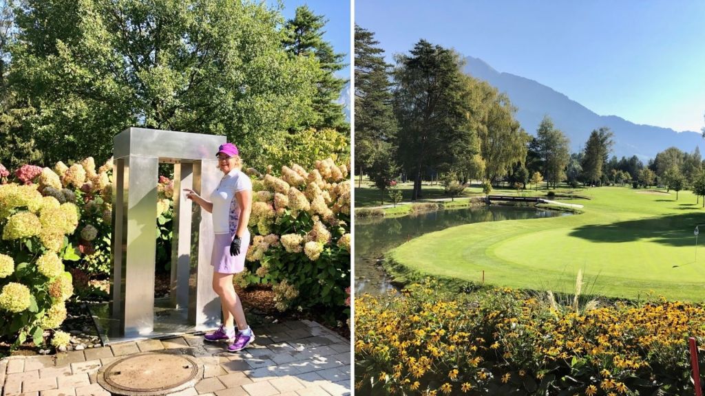 Fotos Jürgen Linnenbürger: Links: Blumenpracht an stylischer Frischwasser-Station, rechts: Blumenbeete umsäumen das Wasser)