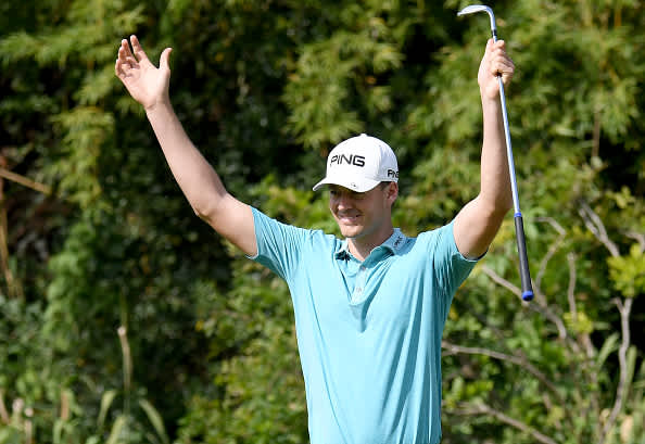 SHANGHAI, CHINA - OCTOBER 31:  Victor Perez of France celebrates his eagle on the par five 8th hole during the first round of the WGC HSBC Champions at Sheshan International Golf Club on October 31, 2019 in Shanghai, China. (Photo by Ross Kinnaird/Getty Images)