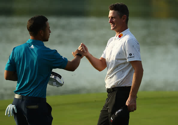 SHANGHAI, CHINA - OCTOBER 31:  Justin Rose of England and Xander Schauffele of United States of America pictured after their round during Day one of the WGC HSBC Champions at Sheshan International golf club on October 31, 2019 in Shanghai, China. (Photo by Matthew Lewis/Getty Images)