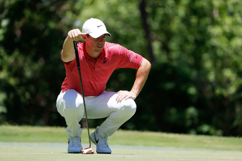 FORT WORTH, TEXAS - JUNE 11: Rory McIlroy of Northern Ireland lines up a putt during the first round of the Charles Schwab Challenge on June 11, 2020 at Colonial Country Club in Fort Worth, Texas. (Photo by Tom Pennington/Getty Images)