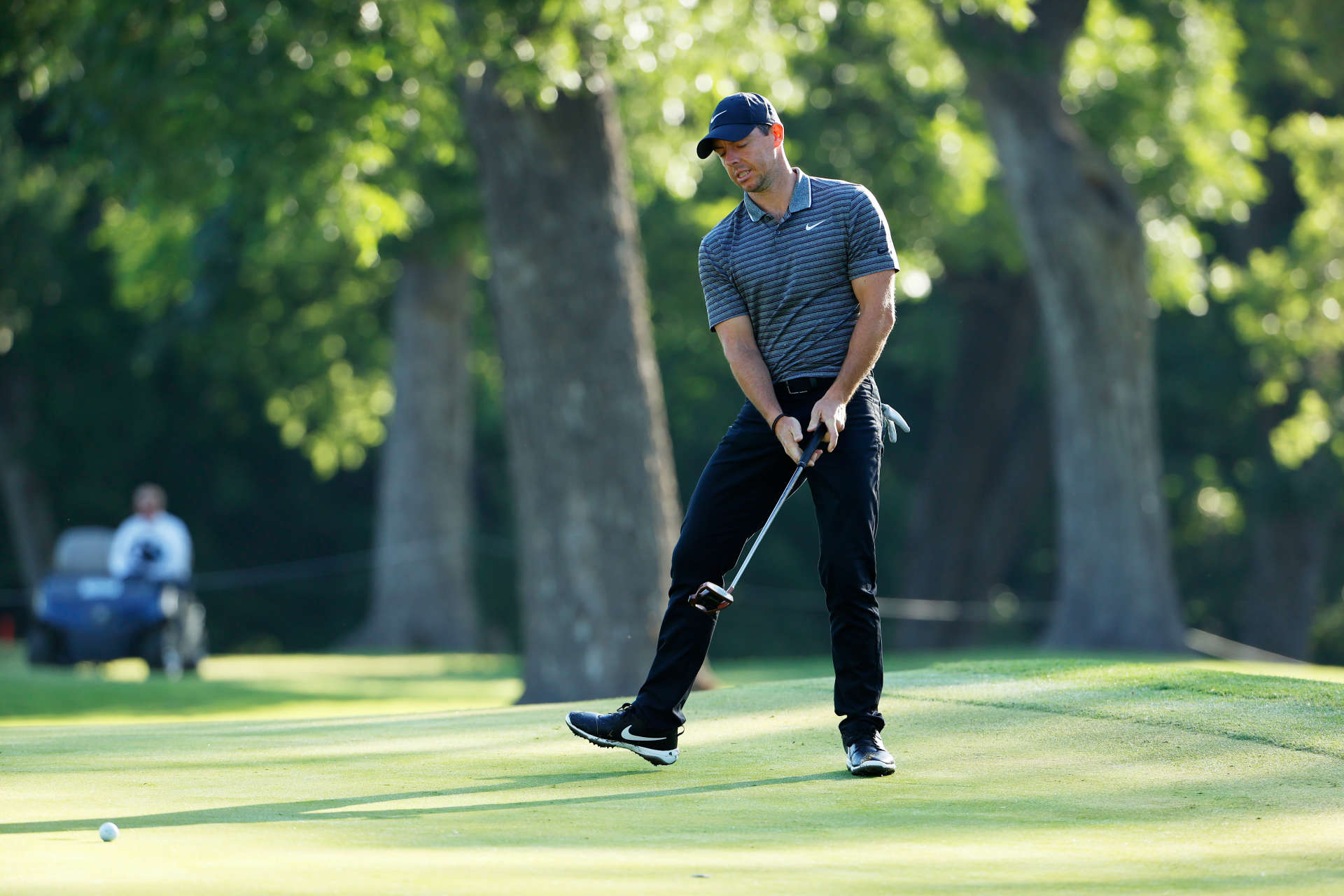 FORT WORTH, TEXAS - JUNE 12: Rory McIlroy of Northern Ireland reacts to a missed putt on the tenth green during the second round of the Charles Schwab Challenge on June 12, 2020 at Colonial Country Club in Fort Worth, Texas. (Photo by Tom Pennington/Getty Images)